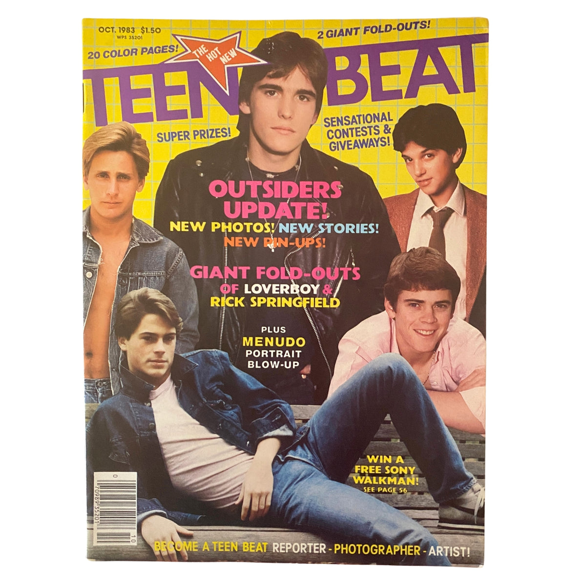 Teen Beat Magazine October 1983 featuring Emilio Estevez and Matt Dillon on the cover, with promotions for new pin-ups, contests, and exclusive fold-outs, showcasing iconic '80s teen stars.