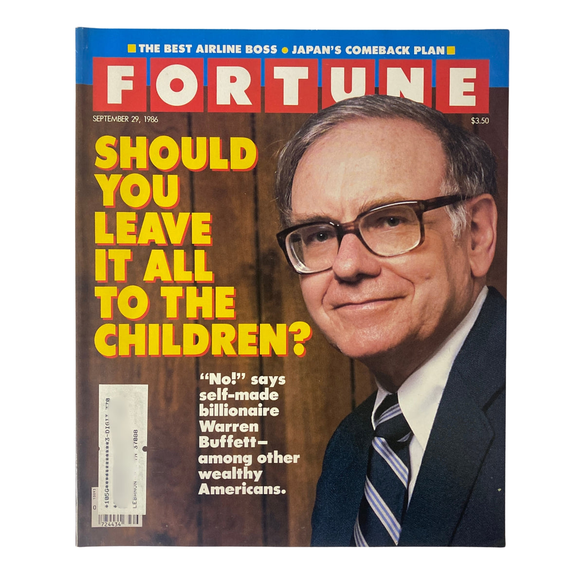Fortune Magazine cover from September 29, 1986, featuring the title 'Should You Leave It All to the Children?' and a portrait of Warren Buffett, discussing perspectives on inherited wealth.