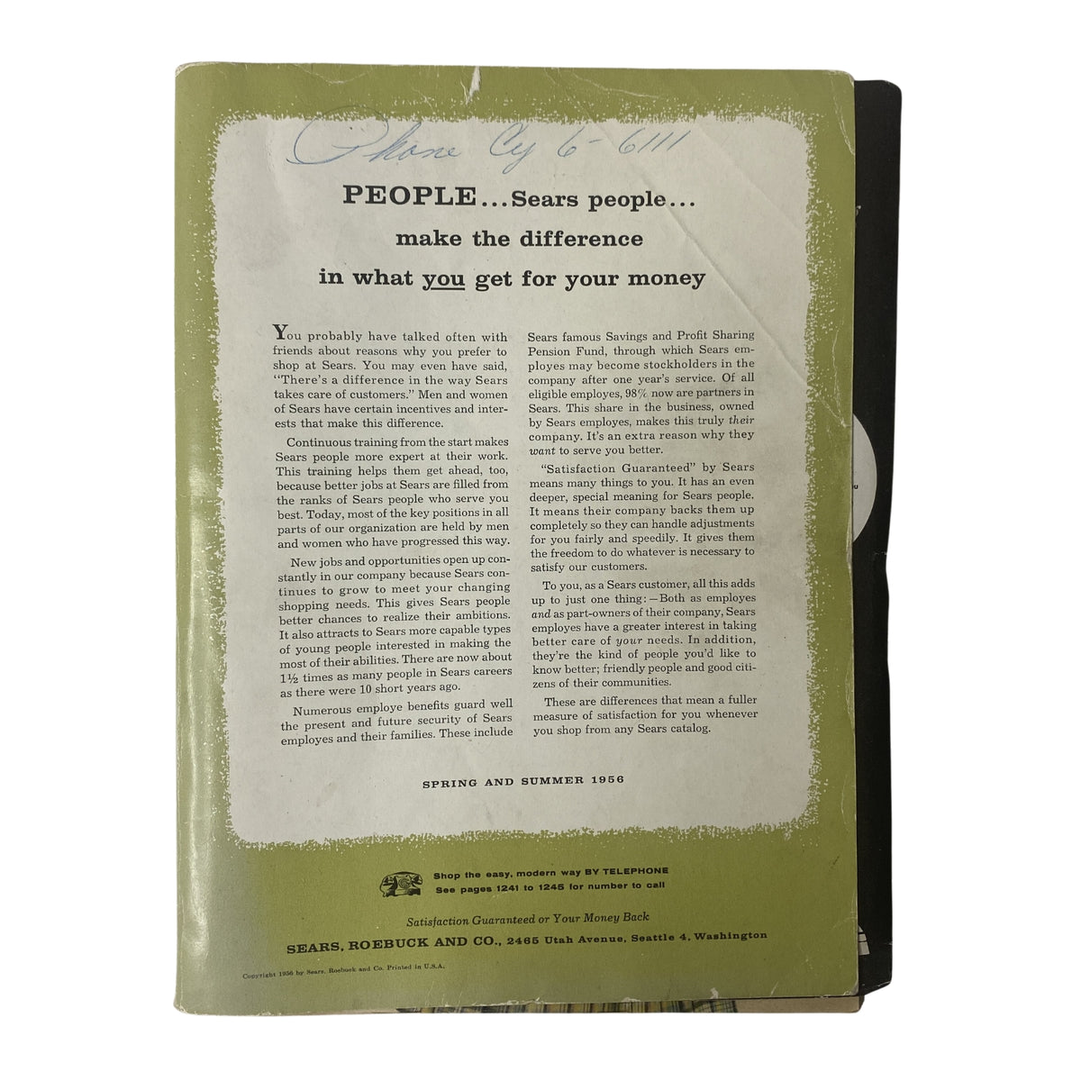 Cover of the 1956 Sears Roebuck and Co. Spring and Summer Catalog showcasing a vintage design that emphasizes customer satisfaction and the value of Sears products.