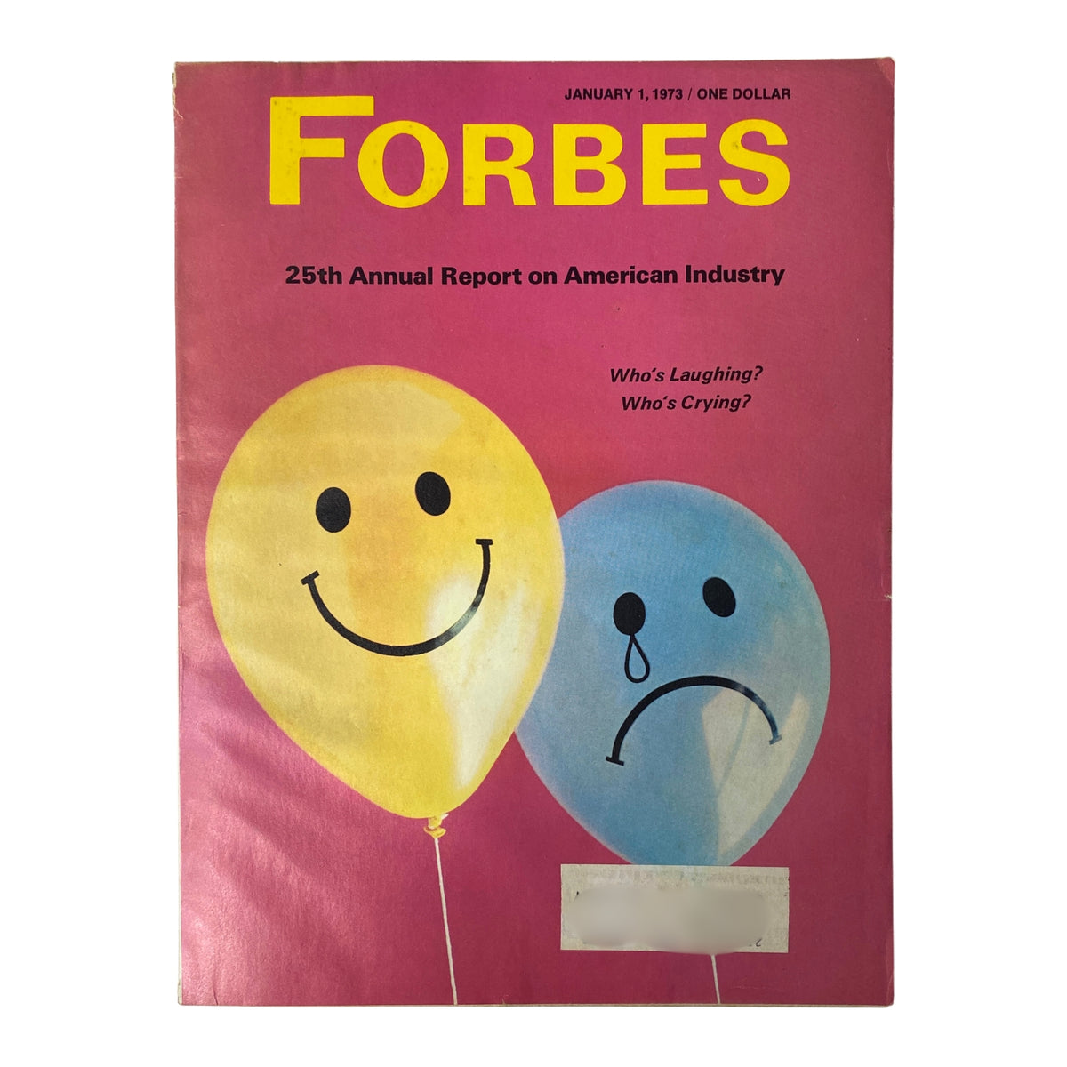 Cover of Forbes Magazine, January 1, 1973, featuring the title 'Forbes' and the subtitle '25th Annual Report on American Industry', illustrated with happy and sad balloons.