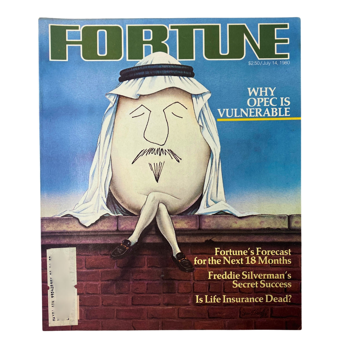 Cover of Fortune Magazine dated July 14, 1980, titled 'The Nonchalant Humpty Dumpty,' featuring an illustration representing OPEC's vulnerabilities.