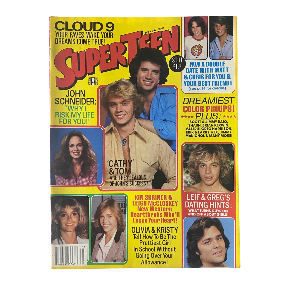 Cover of SuperTeen Magazine January 1981 featuring John Schneider, Tom Wopat, Leif Garrett, and highlights such as interviews, beauty tips, and contests.