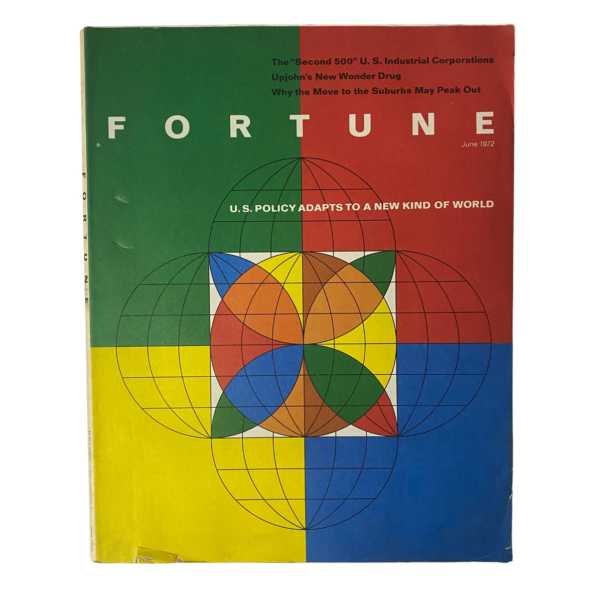 Cover of Fortune Magazine June 1972 featuring the title 'U.S. Policy Adapts to a New Kind of World', showcasing a vibrant geometric design.