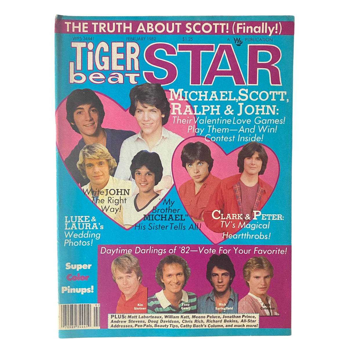 Tiger Beat Star Magazine February 1982 cover featuring Michael Damian, Scott Baio, and Ralph Macchio with vibrant text announcing Valentine's Love Games and exclusive contests.