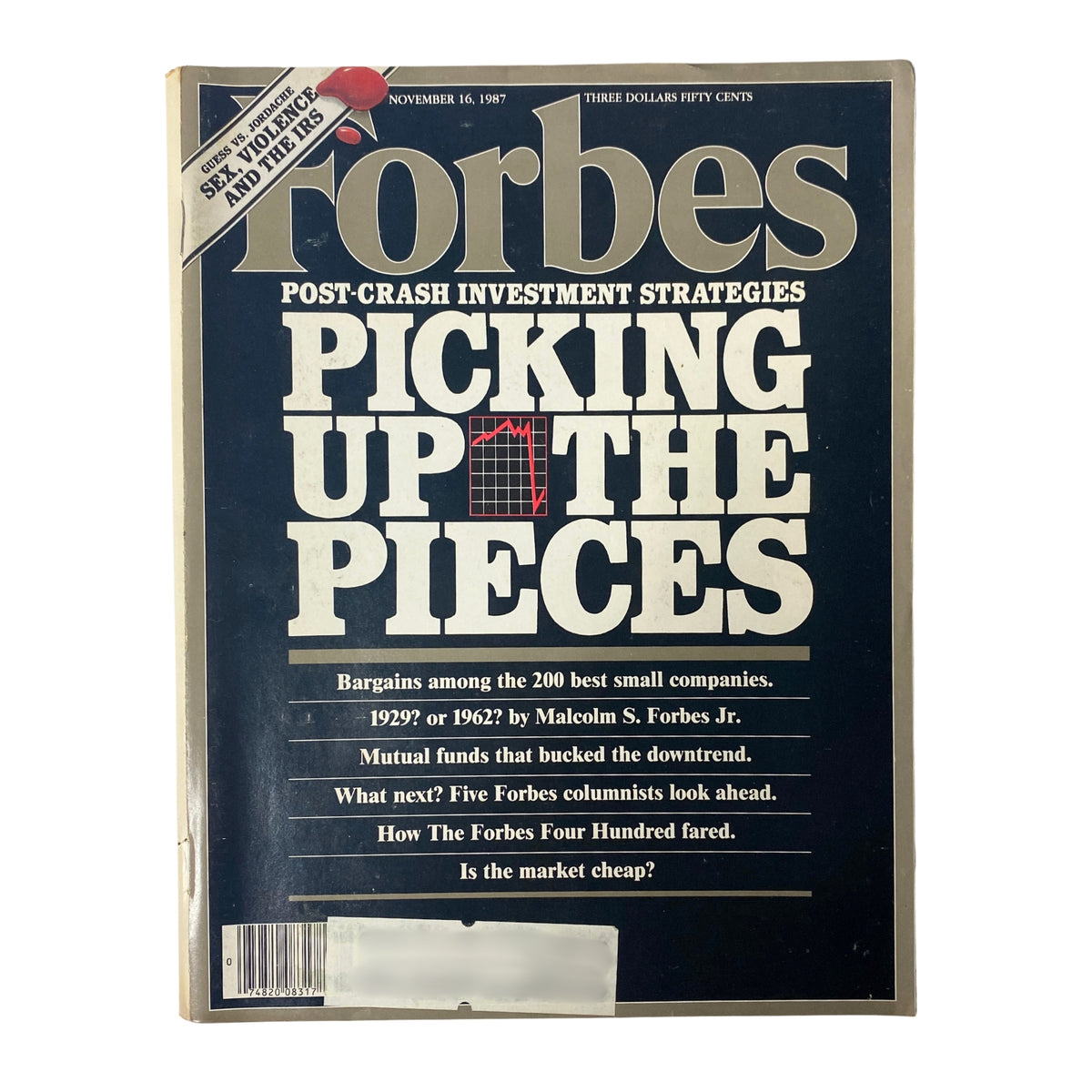Cover of Forbes Magazine from November 16, 1987, featuring the title 'Post-Crash Investment Strategies: Picking Up The Pieces,' highlighting key topics like best small companies, mutual funds, and future market predictions following the Black Monday crash.