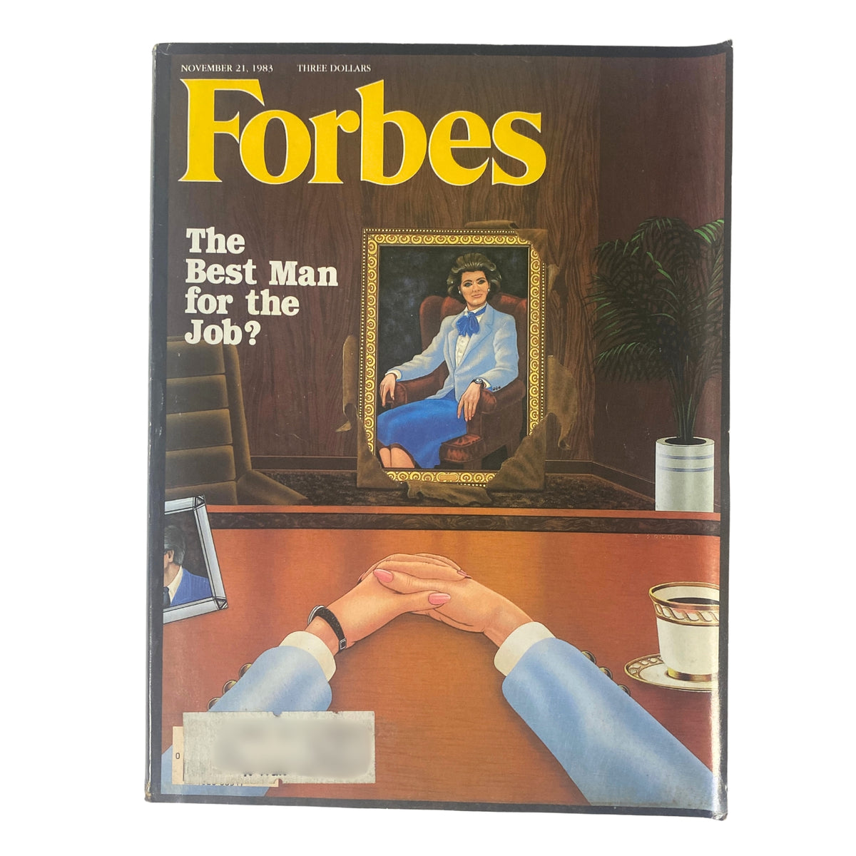Forbes Magazine cover from November 21, 1983, featuring the title 'The Best Man for the Job?' with artwork depicting a woman in a blue suit sitting in a chair and a coffee cup on a table.