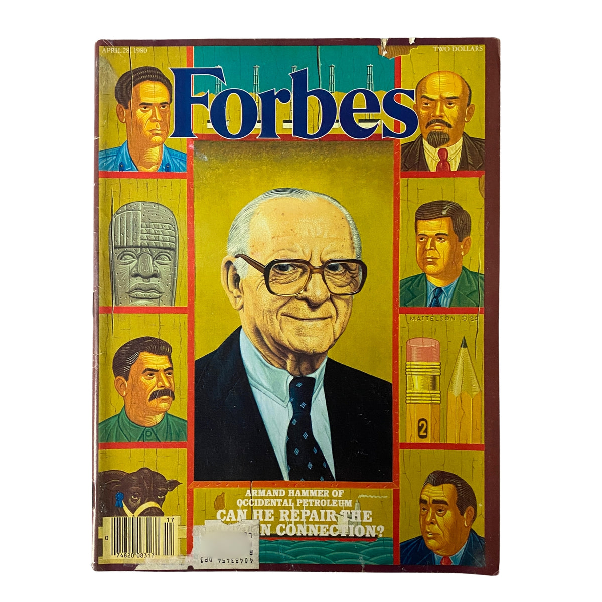 Cover of Forbes Magazine from April 28, 1980 featuring Armand Hammer of Occidental Petroleum with illustrations of historical figures and text about economic themes.