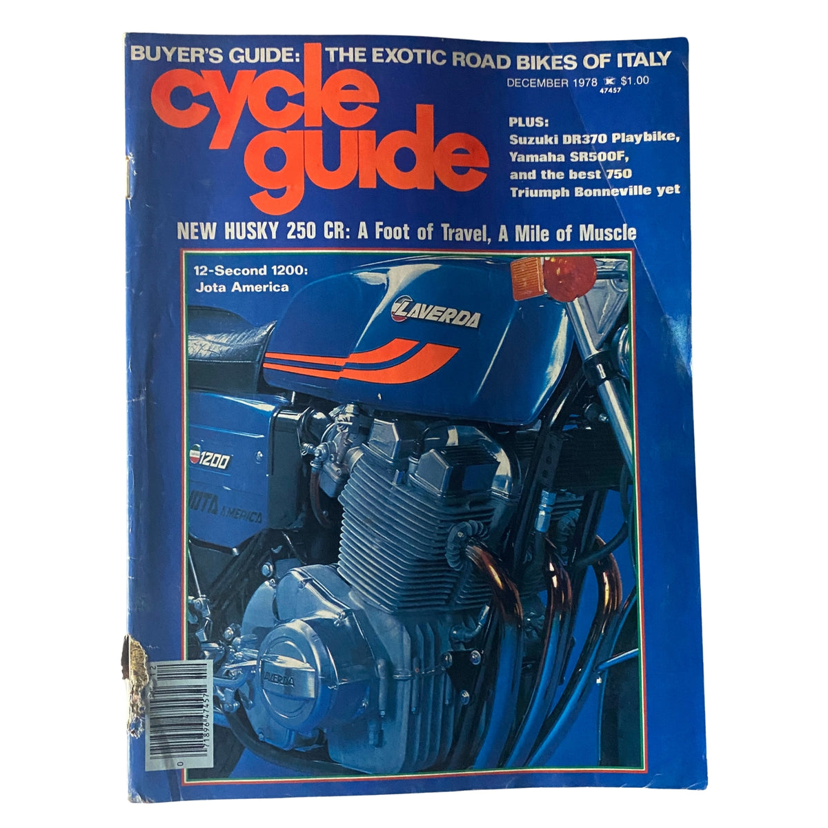 Cycle Guide Magazine December 1978 cover featuring the Laverda Jota America motorcycle and a buyer's guide for exotic Italian road bikes.