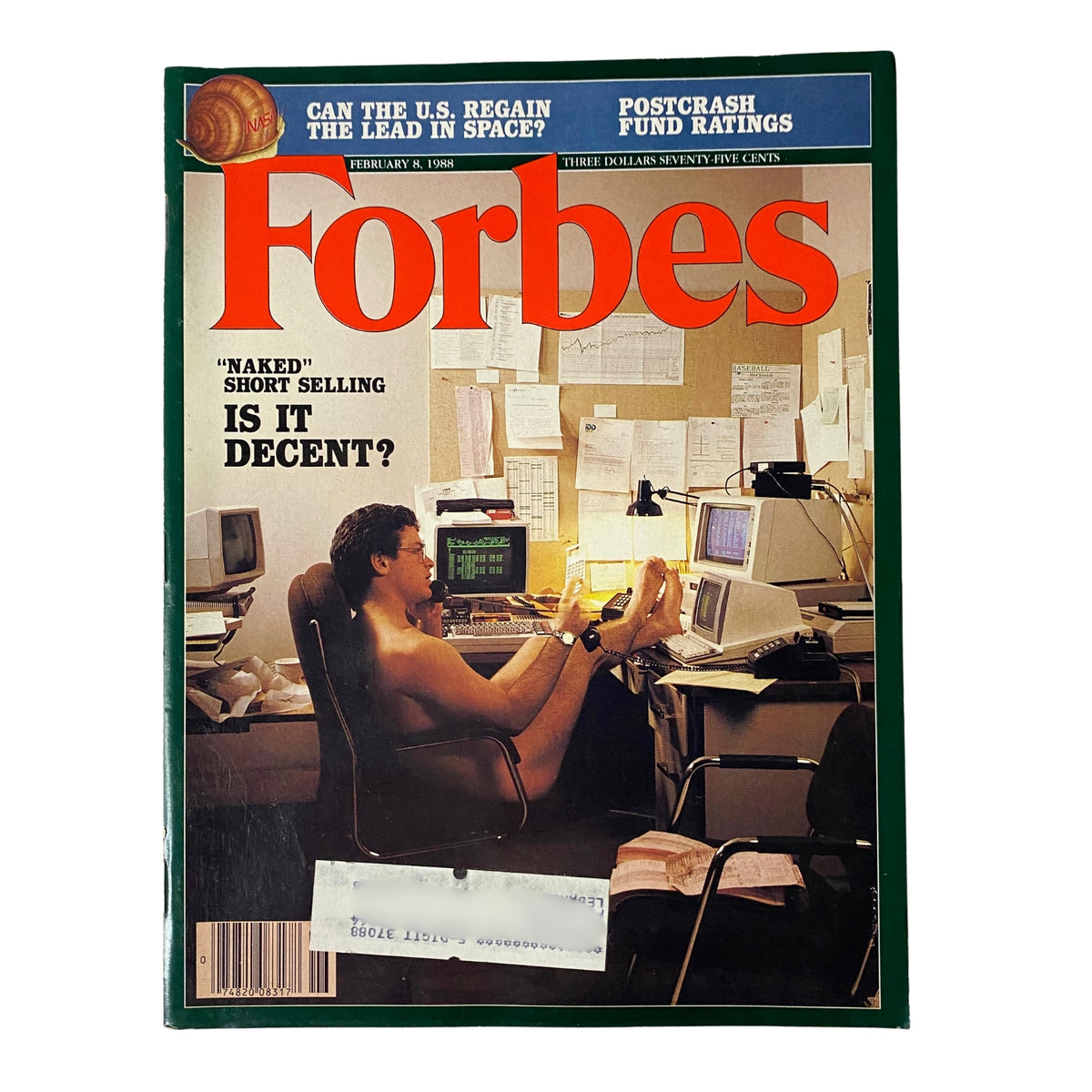 Forbes Magazine Cover February 8, 1988 featuring the headline 'Naked Came The Short-Sellers' with a photo of a shirtless man at a desk surrounded by computer screens and paper documents.