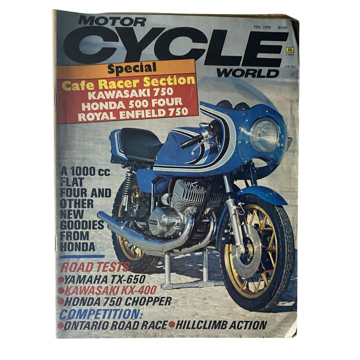 Motor Cycle World Magazine February 1975 Yamaha TX-650 & Kawasaki KX400 No Label
