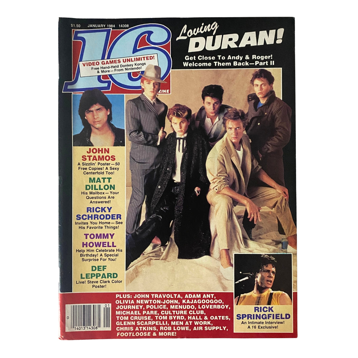 16 Magazine January 1984 cover featuring Duran Duran, Matt Dillon, and other popular stars of the 80s. Highlights include exclusive posters and celebrity interviews.