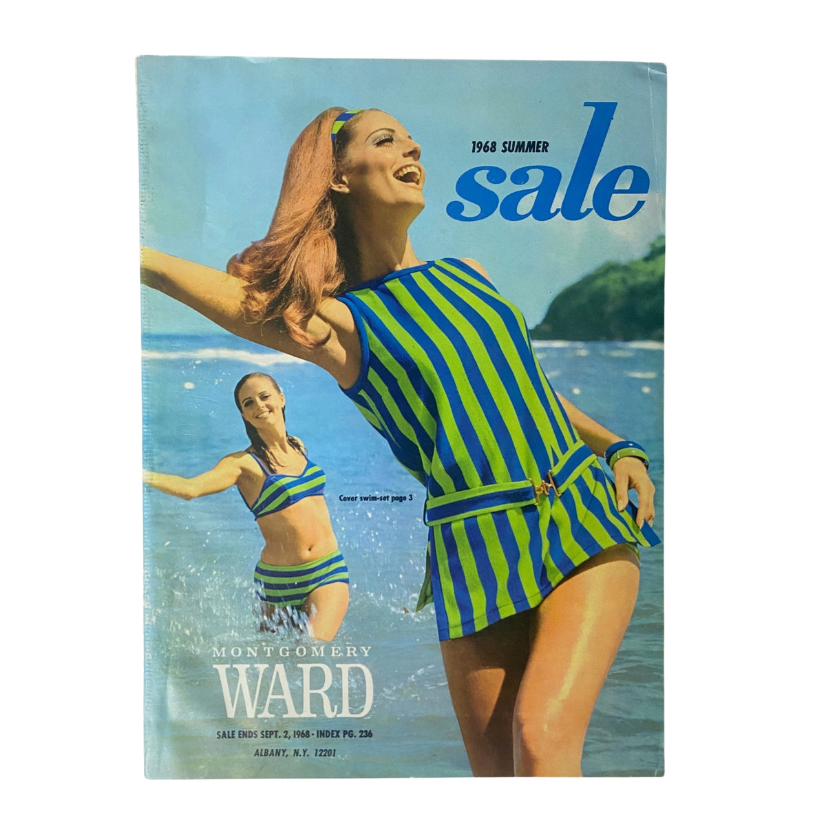 1968 Montgomery Ward Summer Catalog cover featuring two models in stylish swimwear by the beach with a vibrant blue background.