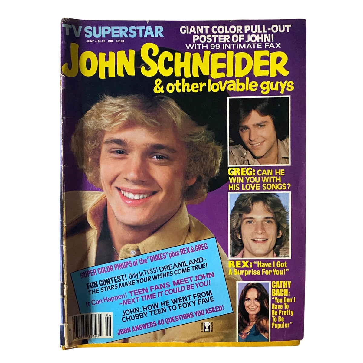 TV Superstar Magazine June 1980 featuring John Schneider on the cover, showcasing exclusive interviews and colorful pin-ups of popular TV stars including Cathy Bach and Greg Evigan.