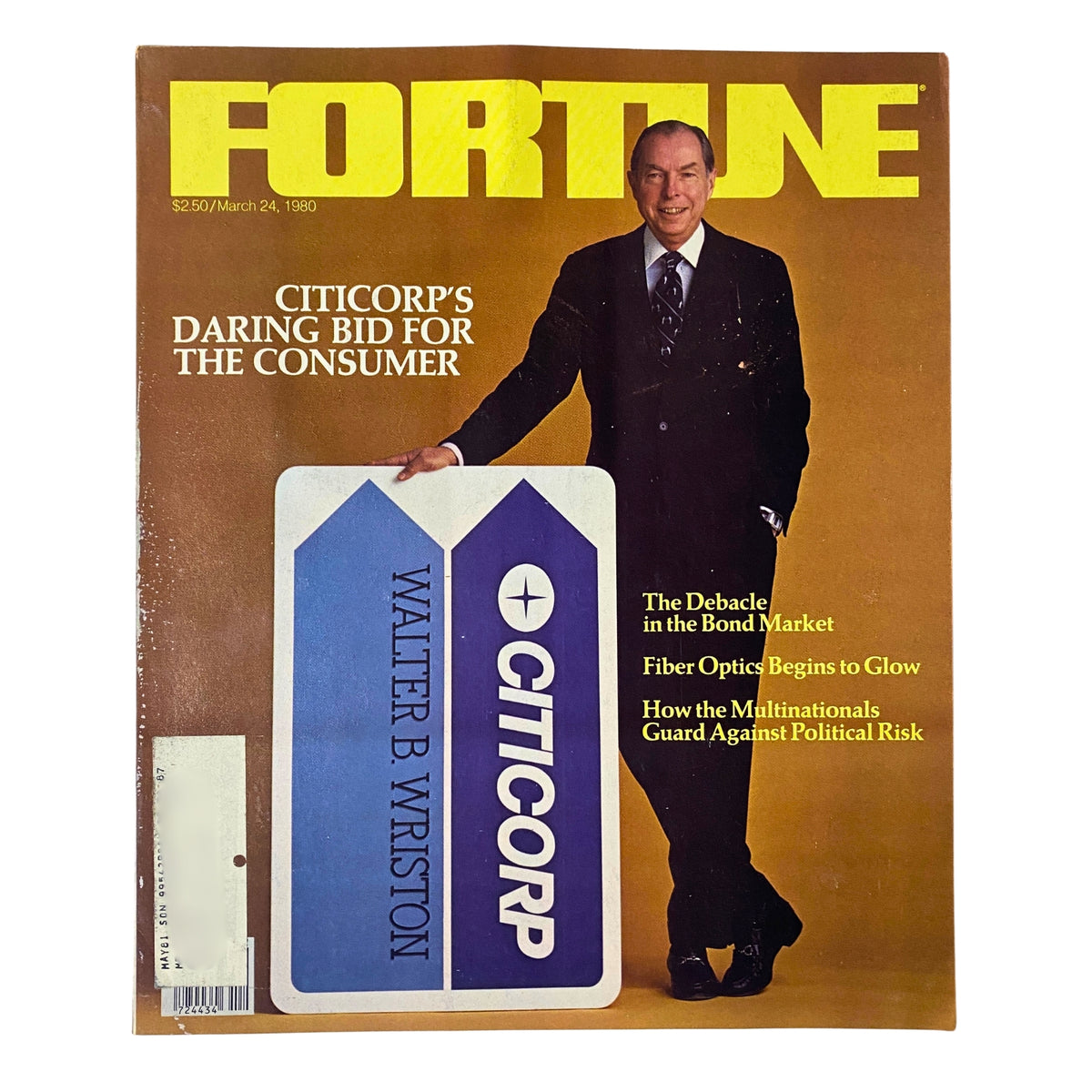 Cover of Fortune Magazine March 24, 1980 featuring the title 'Citicorp's Daring Bid For The Consumer' along with a photograph of Walter B. Wriston, CEO of Citicorp, showcasing the bank's branding.