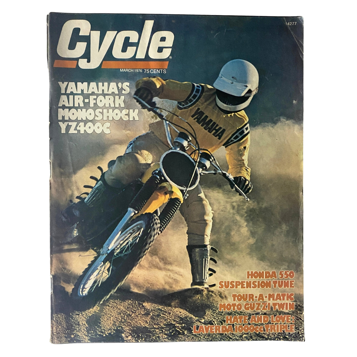 Cycle Magazine March 1976 cover featuring Yamaha's Air-Fork Monoshock YZ400C with a rider in action on a dirt bike, showcasing vintage motorcycle culture and technology.