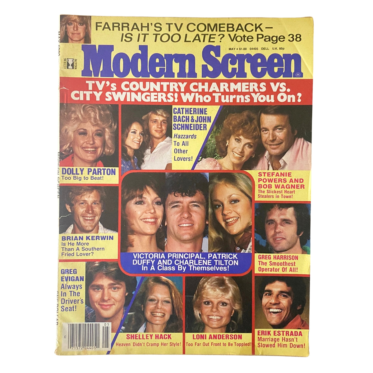 Modern Screen Magazine May 1980 featuring Farrah Fawcett and Dolly Parton on the cover. Includes highlights of exclusive celebrity interviews and entertaining features of the era.