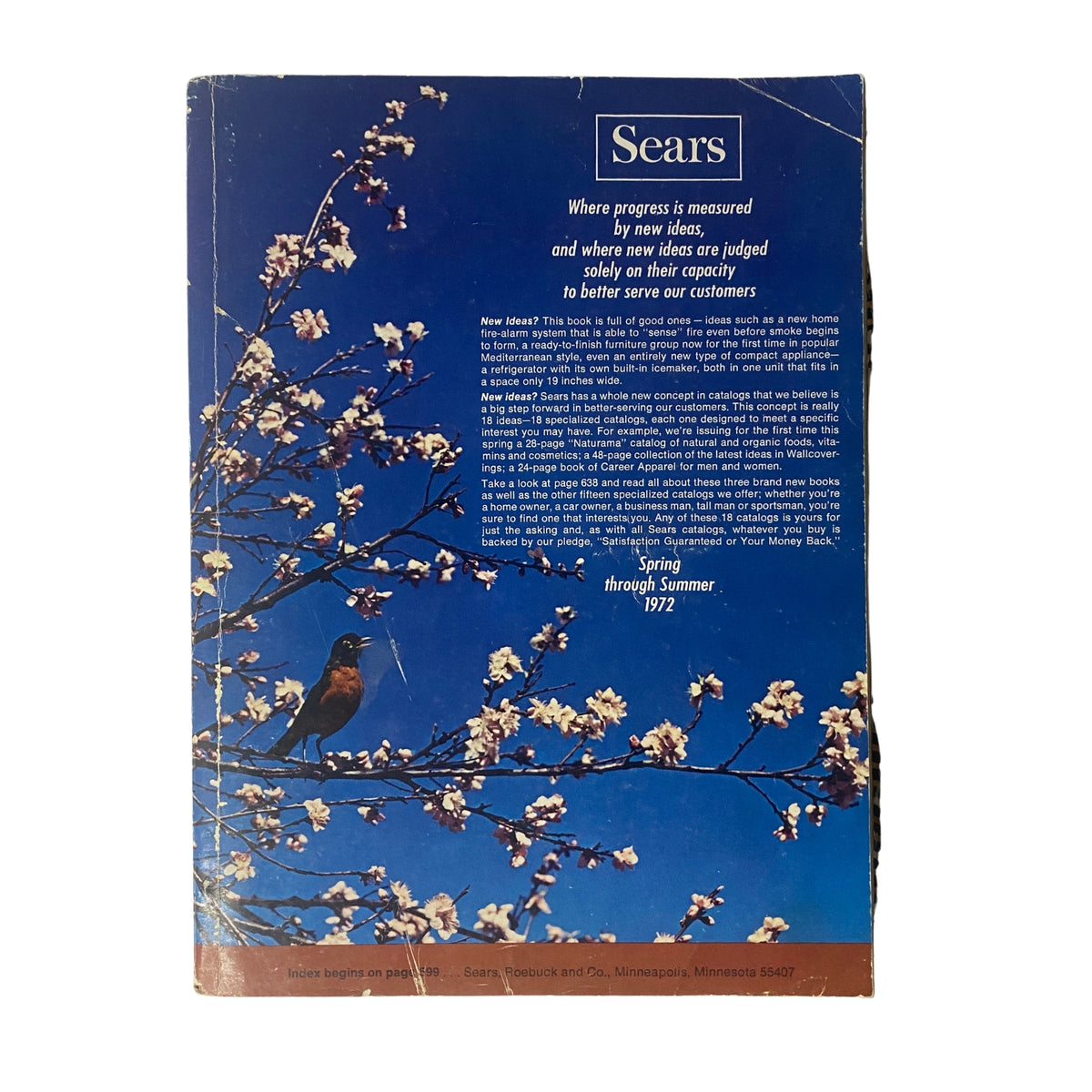 Back cover of the 1972 Sears Roebuck and Co. Spring and Summer Catalog featuring floral design and a blue background.