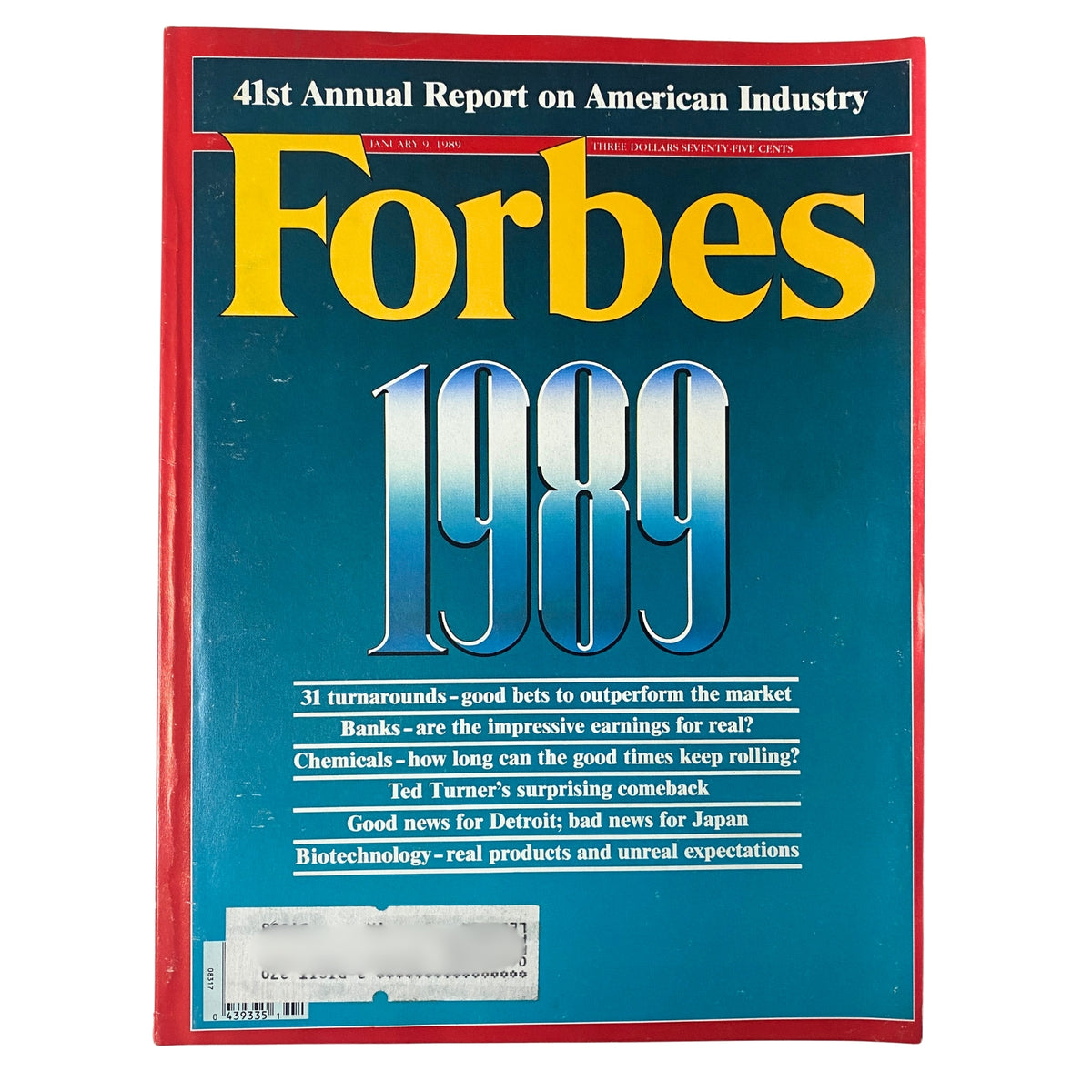 Forbes Magazine January 9, 1989 Cover showcasing the 41st Annual Report on American Industry, featuring headlines about market performance, banking, and biotechnology.