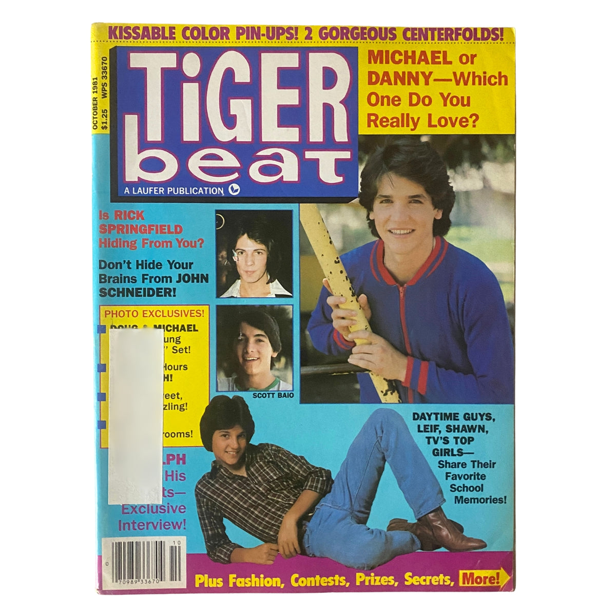Cover of Tiger Beat Magazine, October 1981 featuring Rick Springfield and Scott Baio, highlighting teen culture and celebrity features with vibrant colors and bold text.