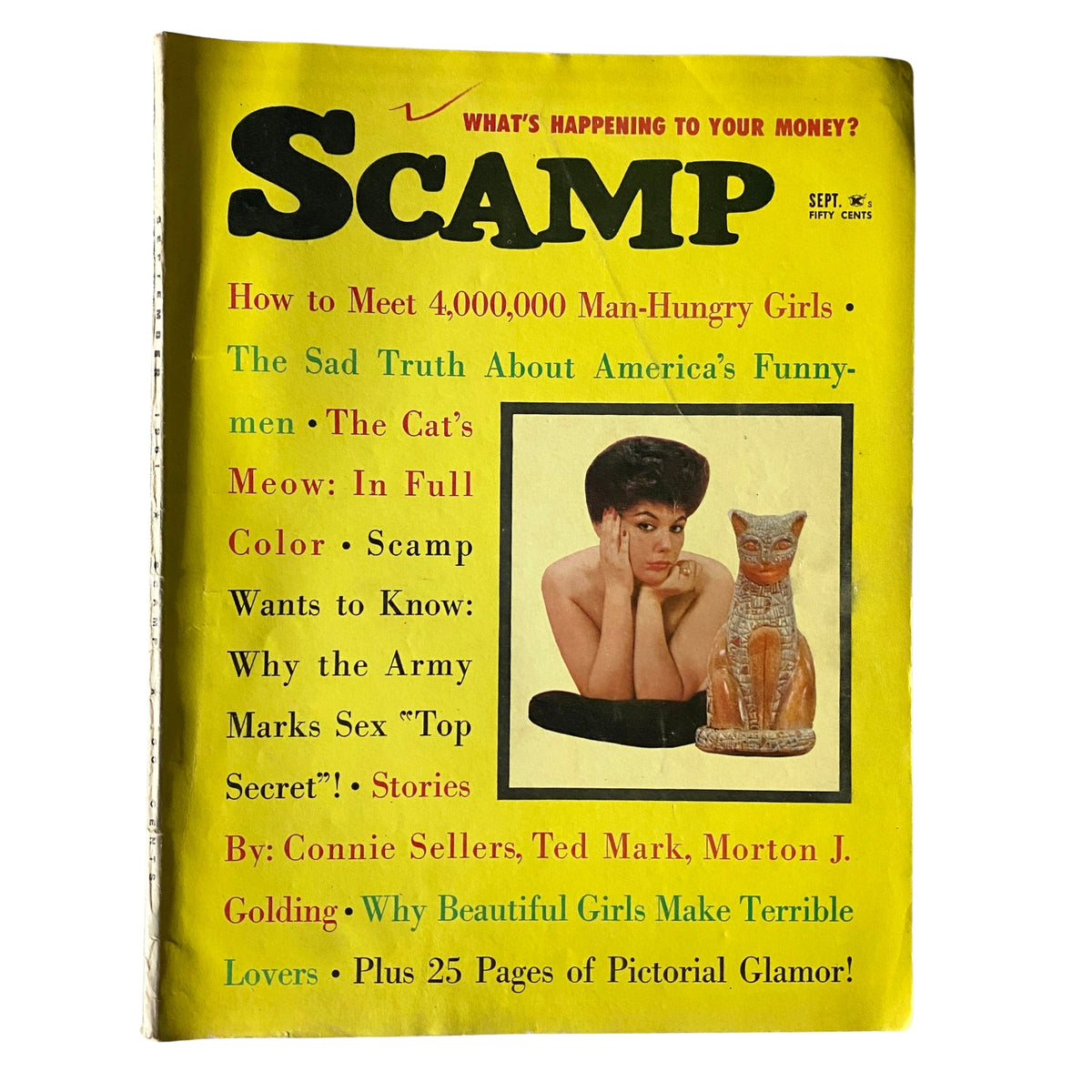 Cover of Scamp Magazine September 1961 titled 'The Cat's Meow In Full Color,' featuring a vintage design with bright yellow background, a photo of a woman posing, and a ceramic cat figurine.