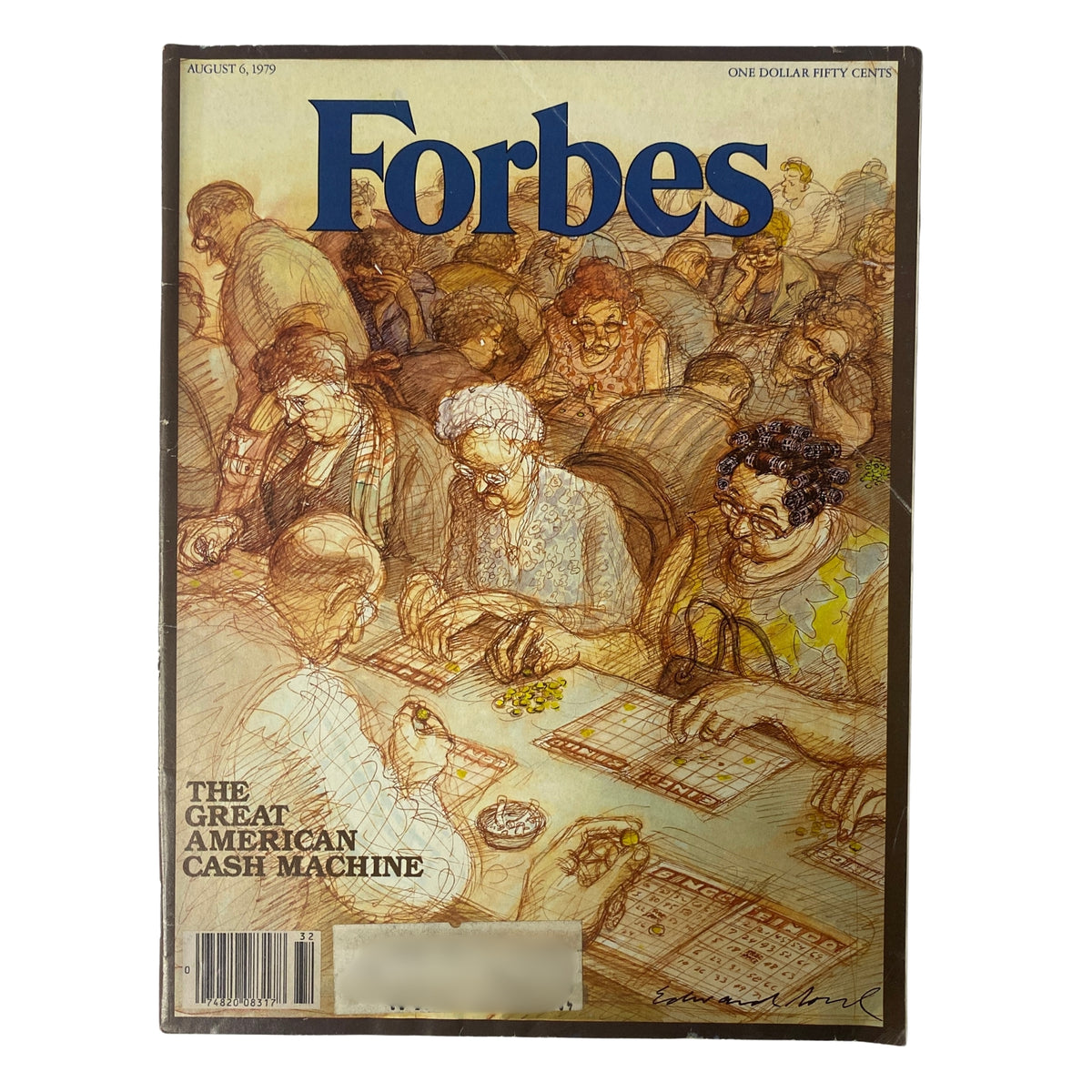 Forbes Magazine August 6, 1979 cover featuring the title 'The Great American Cash Machine', depicting crowds engaged in bingo games, showcasing the rise of bingo as a multibillion-dollar industry.