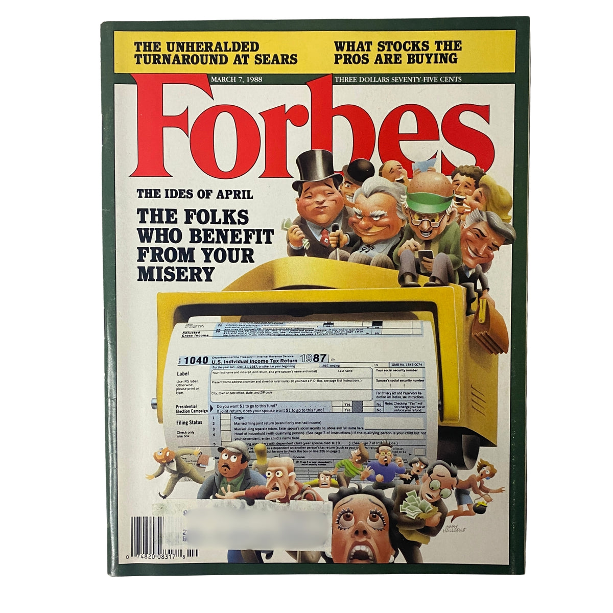Forbes Magazine cover from March 7, 1988 titled 'The Folks Who Benefit From Your Misery', featuring a cartoon illustration and headlines about financial topics.