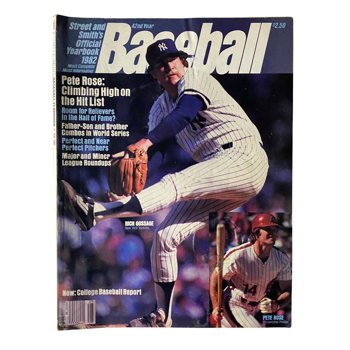 1982 Street and Smith's Official Yearbook Baseball cover featuring Rich Gossage and Pete Rose, showcasing key highlights from the baseball season.