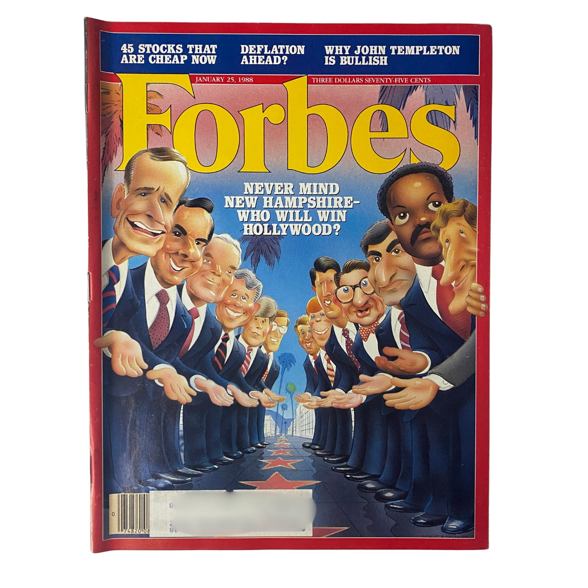 Cover of Forbes Magazine from January 25, 1988 featuring the title 'Campaign '88: Get Ready for Selective Reality', with caricatures of notable political figures and a playful headline questioning Hollywood's election involvement.