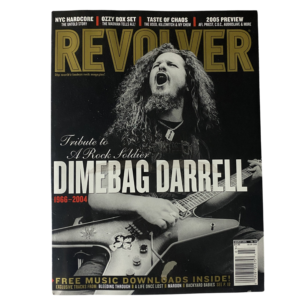 Revolver Magazine March 2005 edition featuring Dimebag Darrell on the cover, showcasing a tribute to the rock legend with striking imagery and guitar.