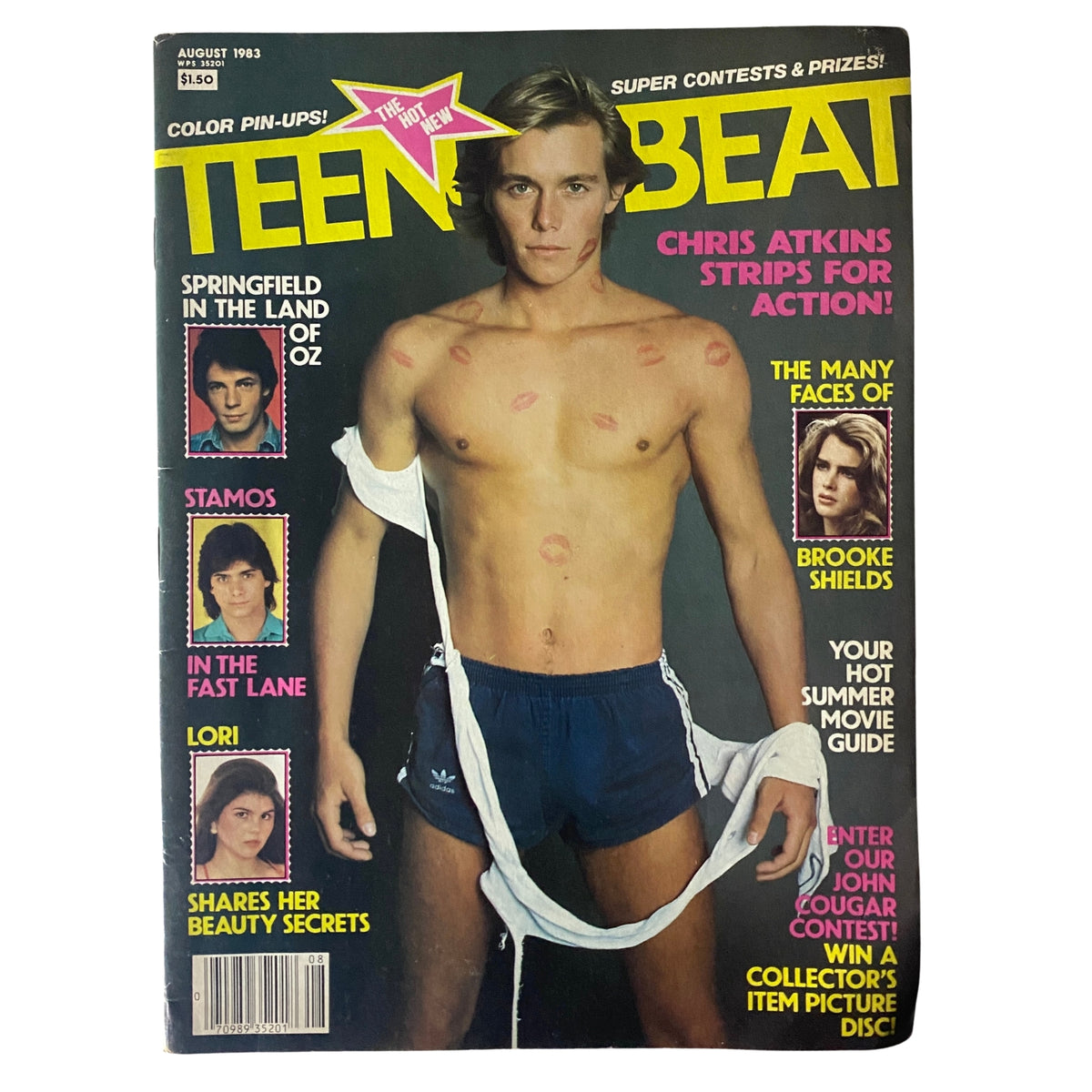 Teen Beat Magazine August 1983 featuring Chris Atkins on the cover, showcasing a muscular pose with pinups and text highlighting exclusive content including celebrity features and contests.