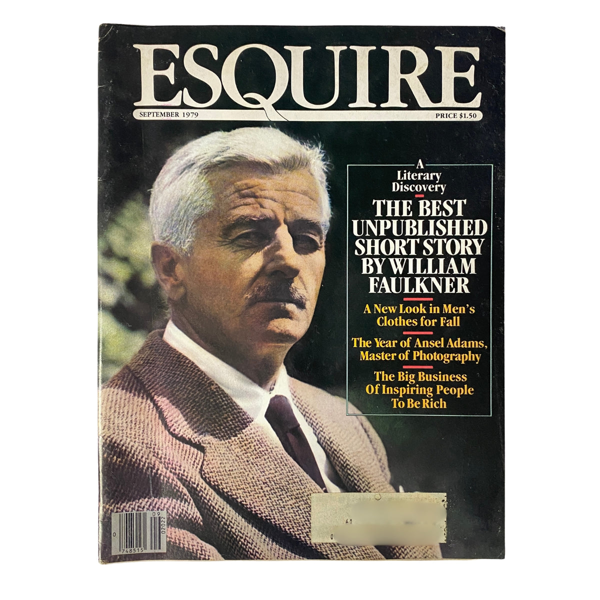 Cover of Esquire Magazine September 1979 featuring a literary discovery of the unpublished short story by William Faulkner, showcasing a distinguished man in a suit.