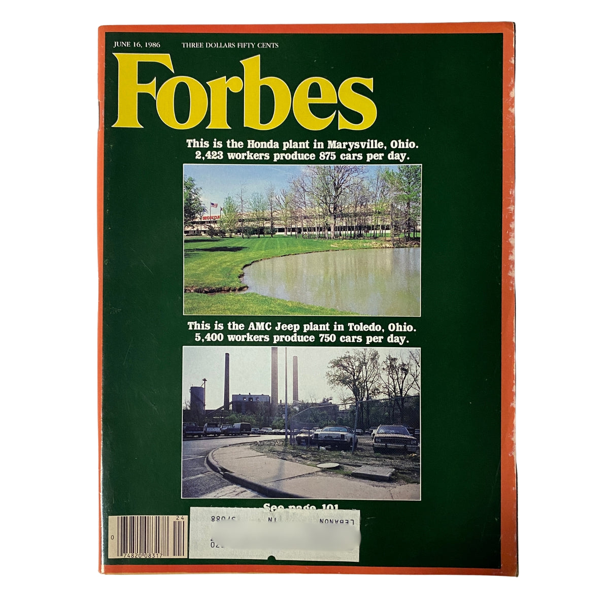 Forbes Magazine June 16, 1986 cover featuring Honda and AMC Jeep plant comparison, highlighting production statistics and workplace culture.