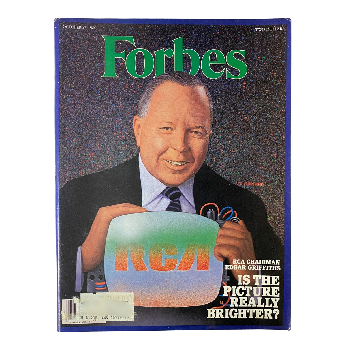 Forbes Magazine cover from October 27, 1980, featuring RCA Chairman Edgar Griffiths, with the headline asking if the picture is really brighter, showcasing vibrant colors and artistic design.
