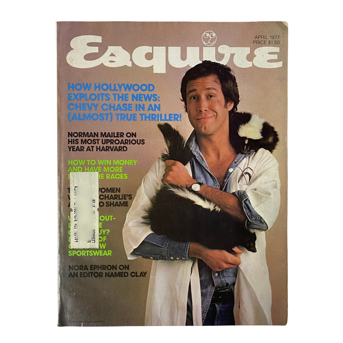 Esquire Magazine April 1977 cover featuring Chevy Chase and the title 'How Hollywood Exploits the News: Chevy Chase in an (Almost) True Thriller!' with a playful image of Chase holding a skunk.