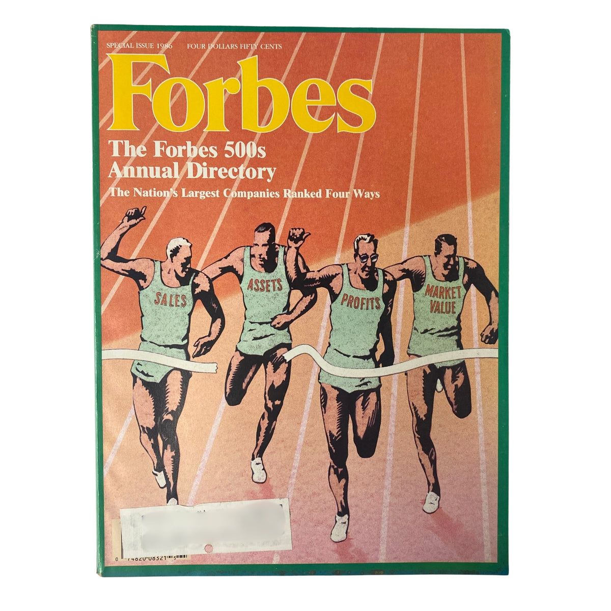 Cover of Forbes Magazine 1986 The Forbes 500s Annual Directory Special Issue, featuring illustrations of runners representing sales, assets, profits, and market value.
