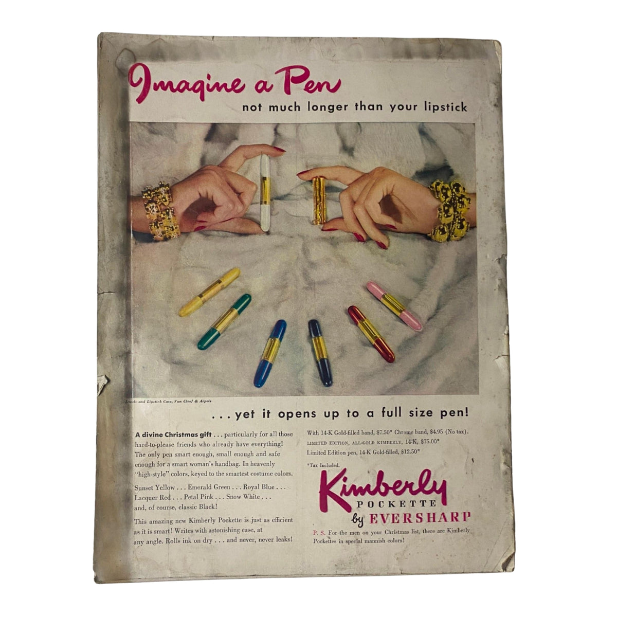 Advertisement from the back cover of Vogue Magazine December 1948 Christmas Issue for 'Kimberly Pocket Pen by Eversharp', highlighting various pen designs in a festive context.