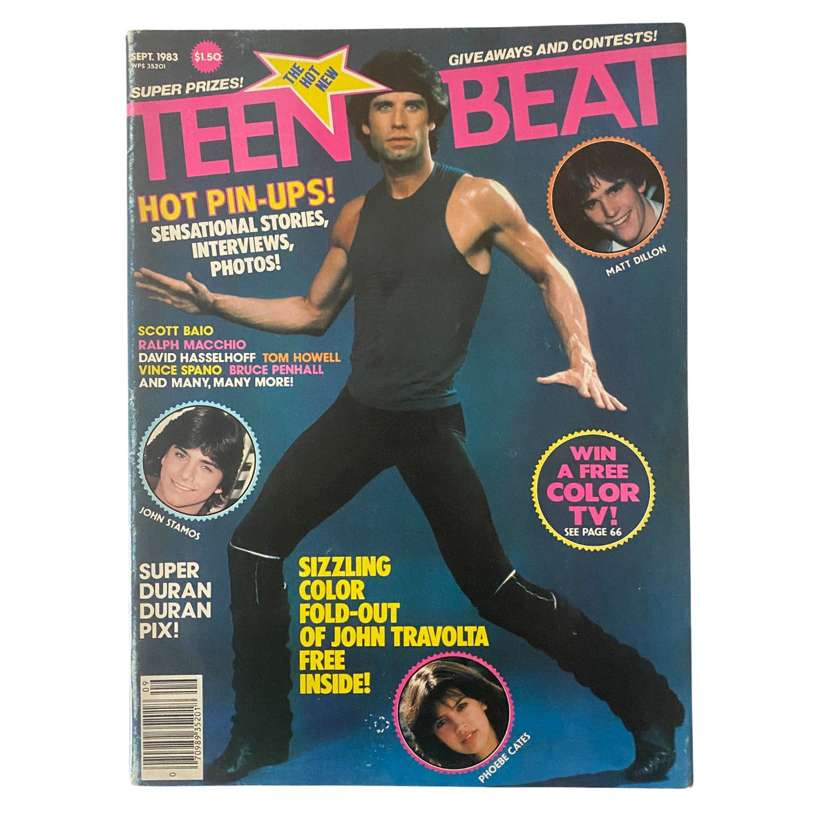 Cover of Teen Beat Magazine September 1983 featuring John Travolta and Matt Dillon, showcasing pin-ups, contests, and celebrity interviews.