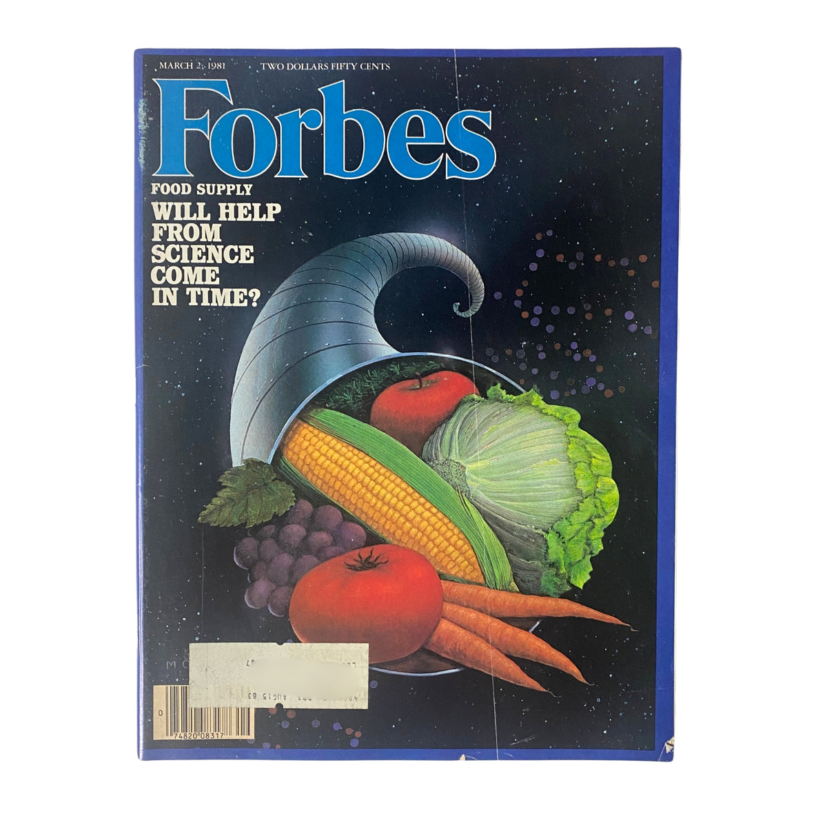 Cover of Forbes Magazine, March 2, 1981, featuring the title 'Food Supply Will Help From Science Come in Time,' depicting a horn of plenty overflowing with fresh produce against a cosmic background.