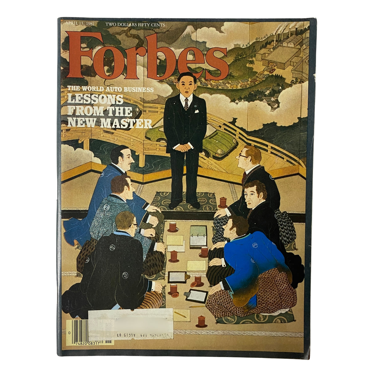 Cover of Forbes Magazine, April 13, 1981, titled 'World Auto Business: Lessons From The New Master', featuring a prominent figure standing before a group of men seated at a table, symbolizing Japanese automotive influence.
