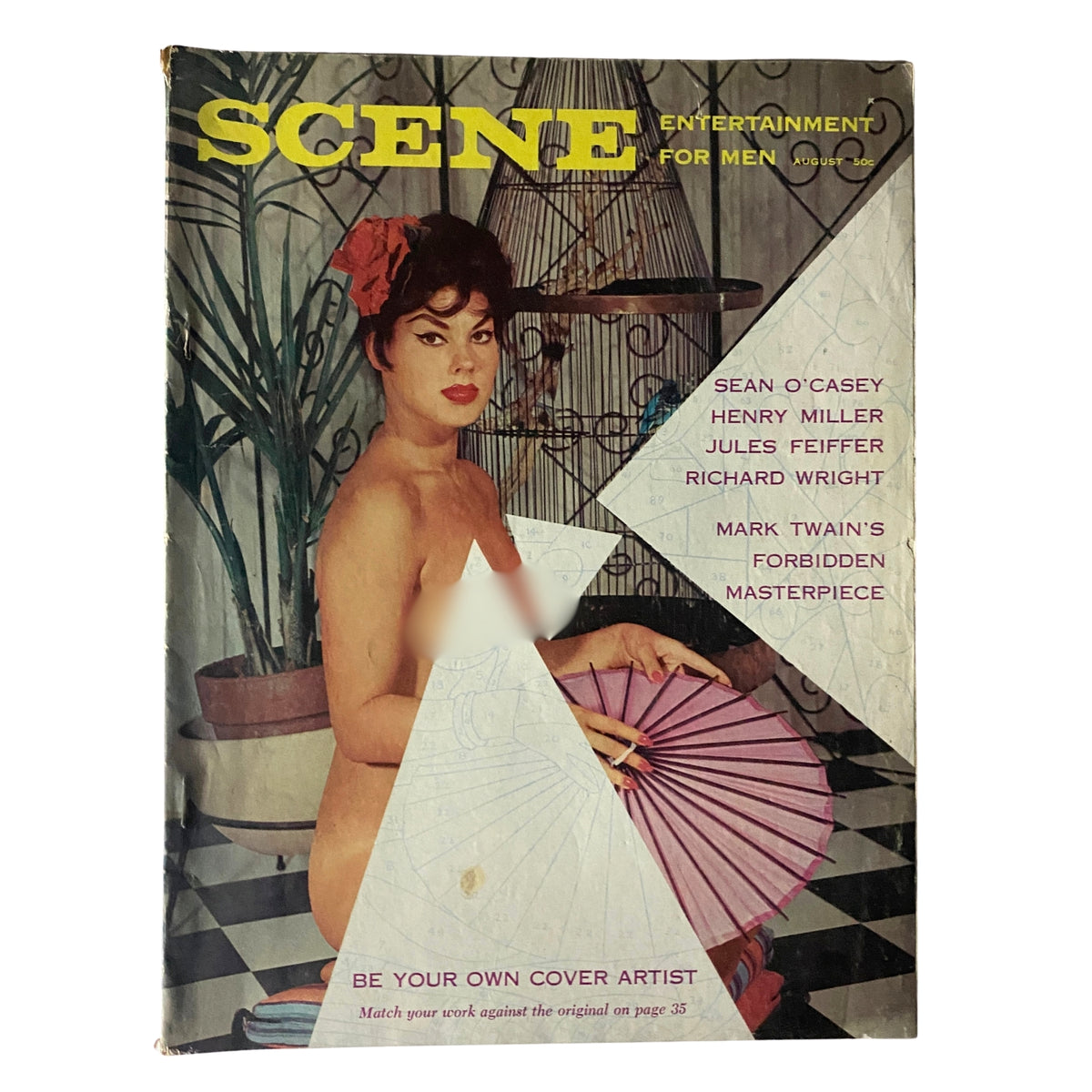 Scene Magazine August 1961 cover featuring a female model and contributing writers including Sean O'Casey and Henry Miller, showcasing mid-century cultural artistry.