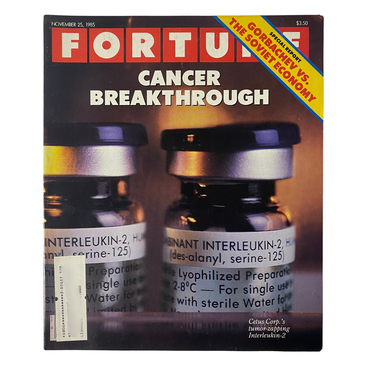Fortune Magazine cover from November 25, 1985 featuring the title 'Cancer Breakthrough' and highlighting Cetus Corp.'s Tumor-Zapping Interleukin-2.