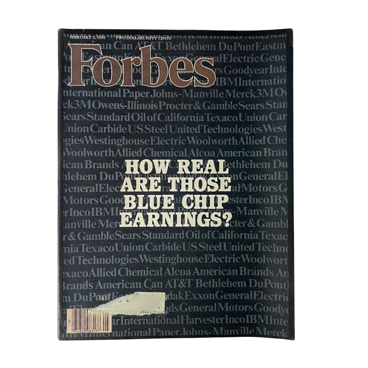 Cover of Forbes Magazine February 2, 1981, featuring the title 'How Real Are Those Blue Chip Earnings?' with a dark background and list of companies.