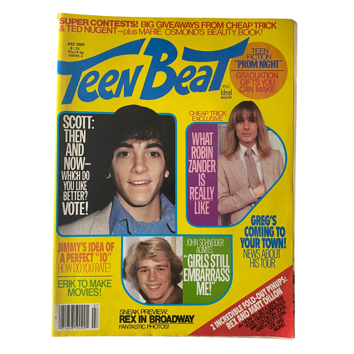 Teen Beat Magazine July 1980 cover featuring Scott Baio, Robin Zander, and John Schneider with pop culture highlights and pinups.