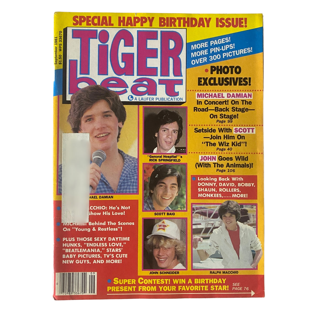 Tiger Beat Magazine September 1981 cover featuring Michael Damian, Rick Springfield, Scott Baio, and John Schneider with colorful graphics and birthday celebration theme.