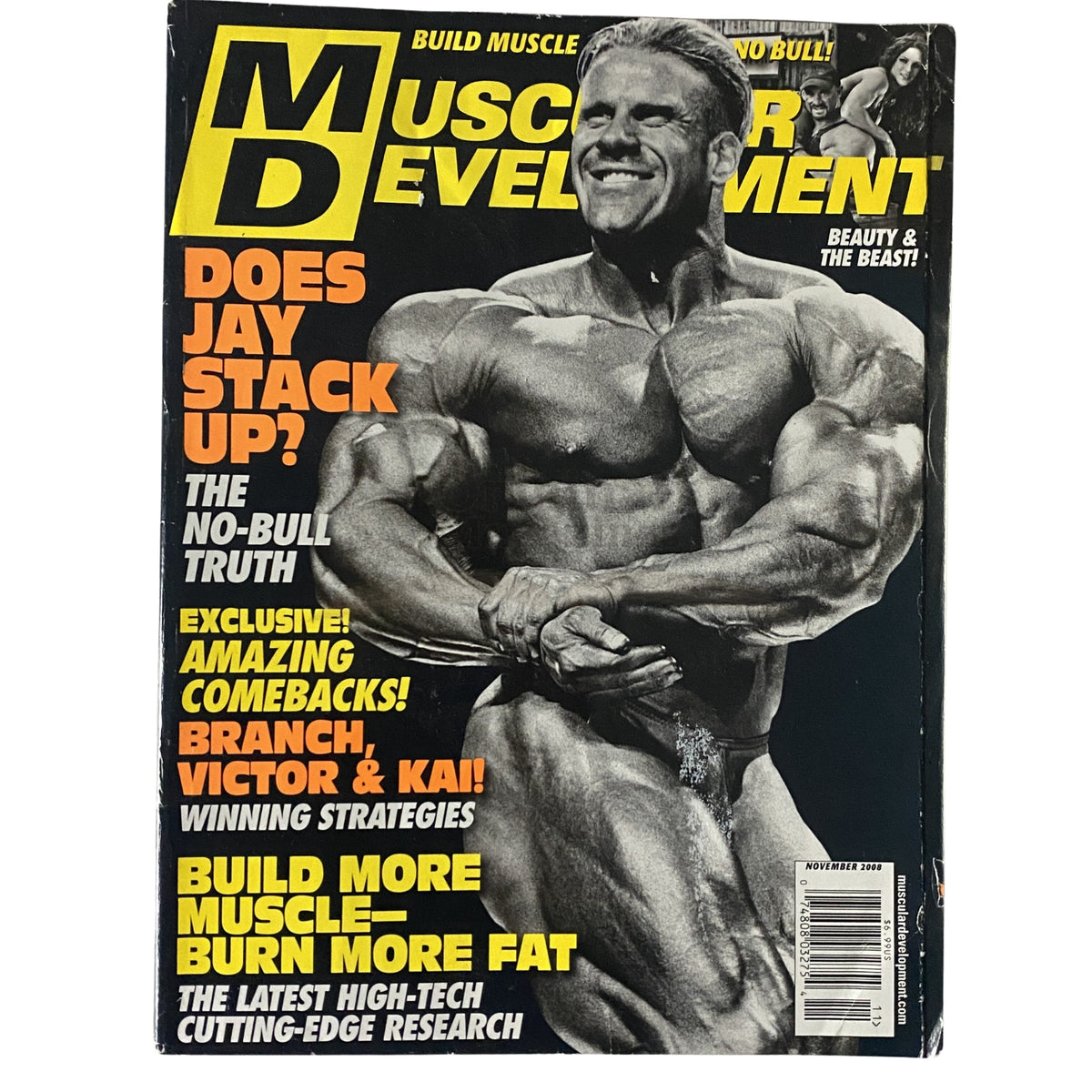Cover of Muscular Development Magazine November 2008 featuring Jay Cutler and Branch Warren, showcasing bodybuilding insights and training strategies.