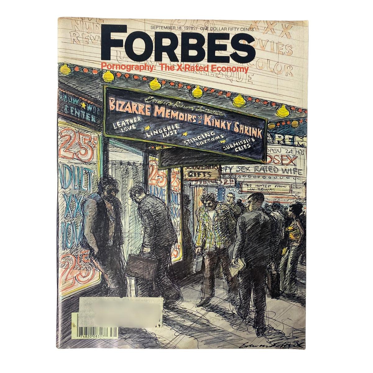 Cover of Forbes Magazine dated September 18, 1978, featuring the article 'Pornography: The X-Rated Economy' with an illustration depicting a busy adult entertainment street.