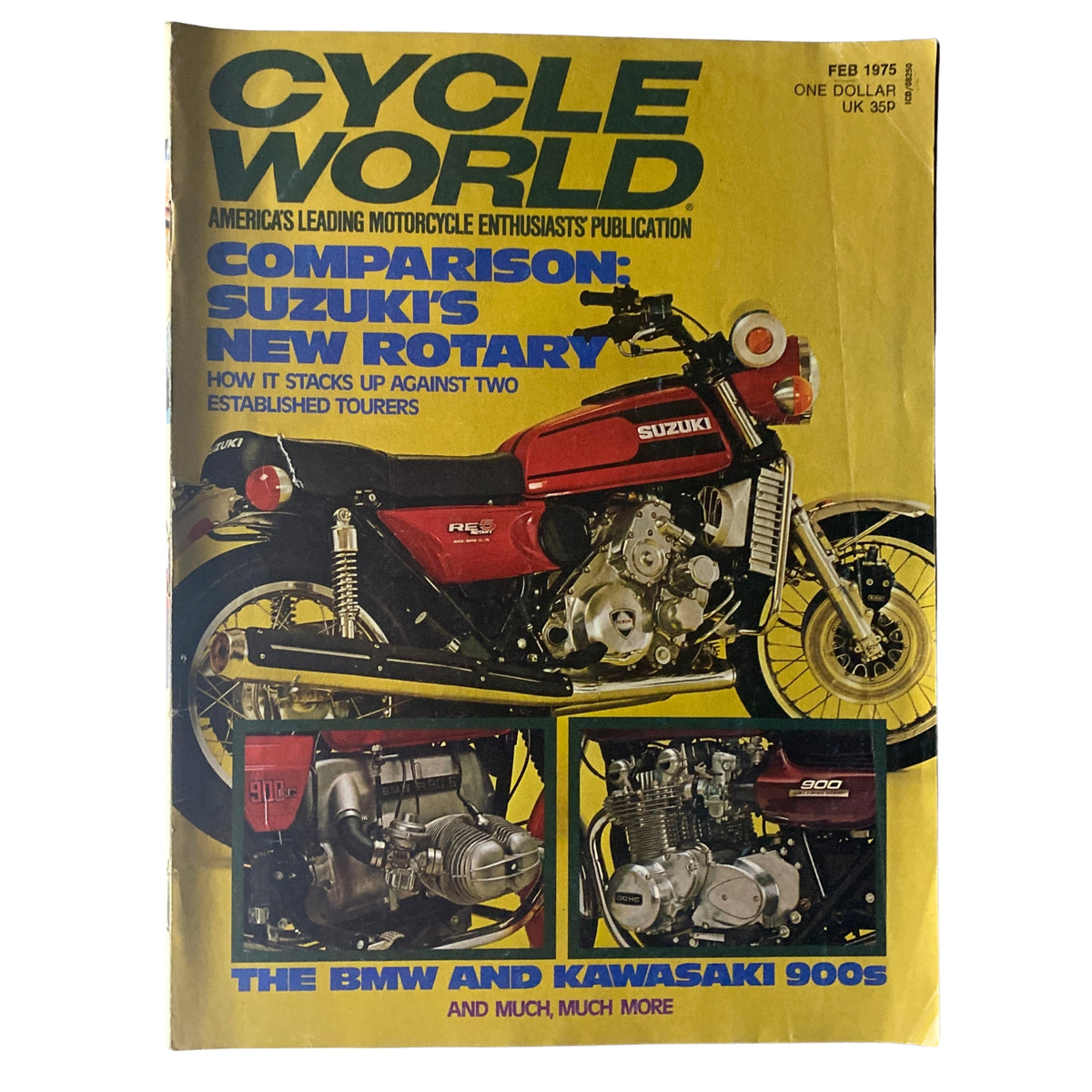 Cycle World Magazine February 1975 cover featuring an in-depth comparison of Suzuki's new rotary engine, showcasing the motorcycle and details about the BMW and Kawasaki models.