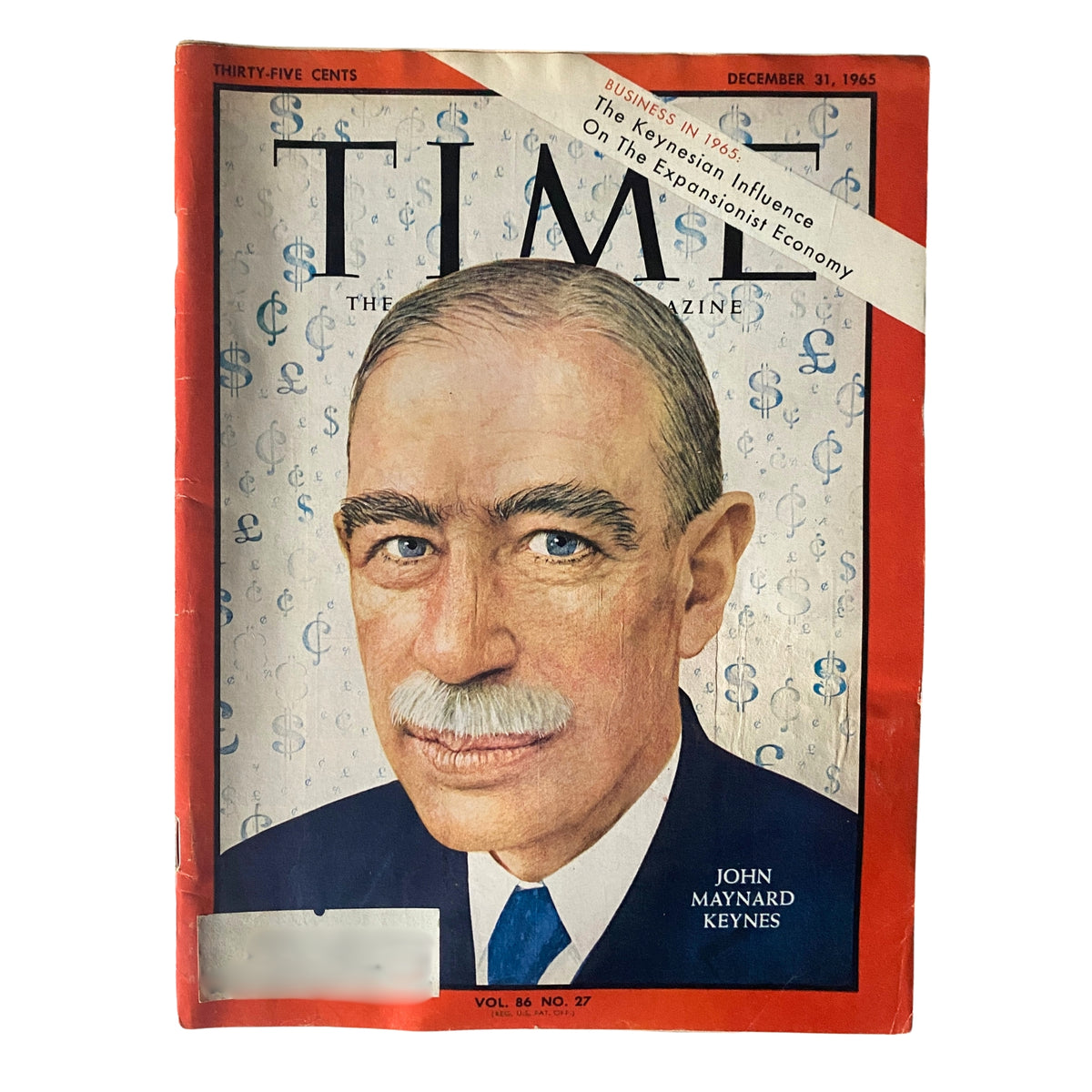 Cover of Time Magazine dated December 31, 1965, featuring John Maynard Keynes, highlighting his influential economic theories and the discussions surrounding Keynesian economics.