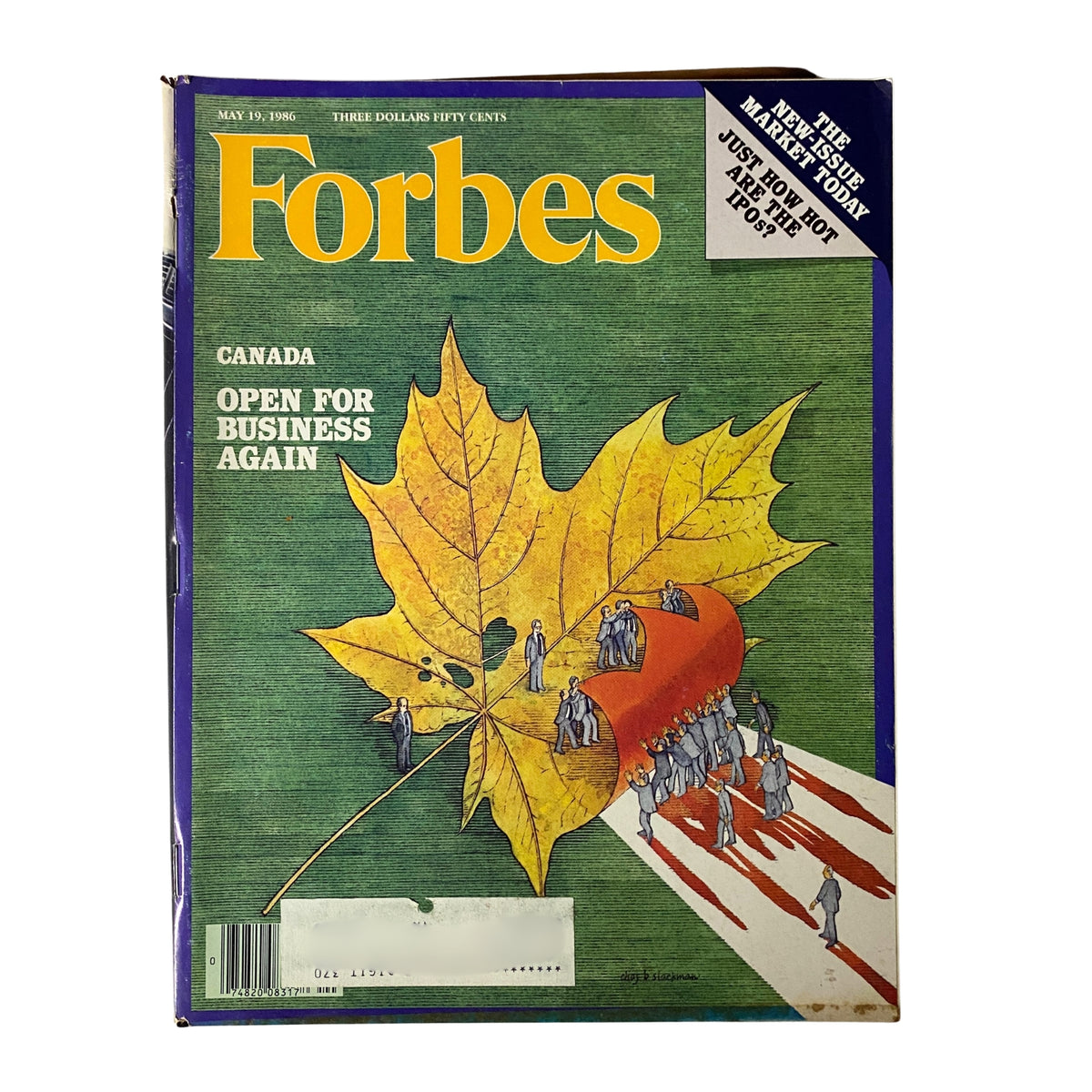 Cover of Forbes Magazine dated May 19, 1986 featuring the headline 'Canada: Open for Business Again' with a colorful illustration of a maple leaf and business people.