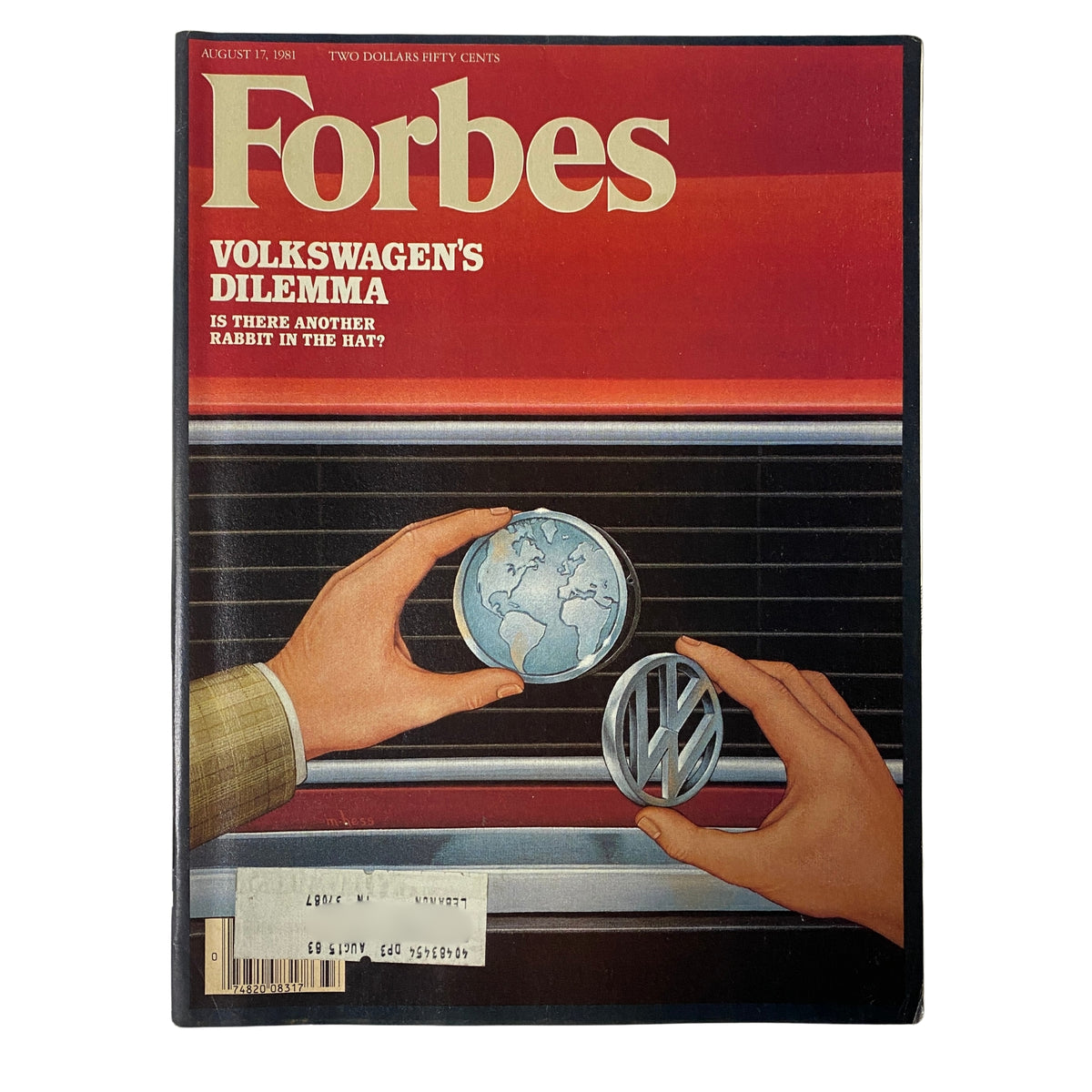 Cover of Forbes Magazine, August 17, 1981, featuring the title 'Volkswagen's Dilemma: Is There Another Rabbit in the Hat?' showcasing an illustration of hands holding a globe and a Volkswagen emblem.